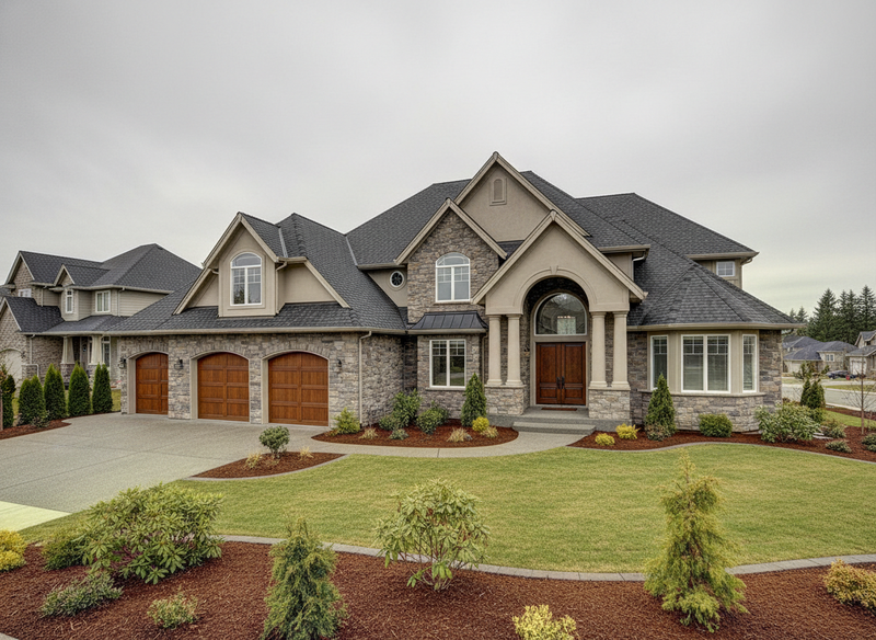 Pre-2008 McMansion with stone and stucco facade, dramatic arched entry, multiple rooflines, three-car garage, and elaborate landscaping representing the housing boom era